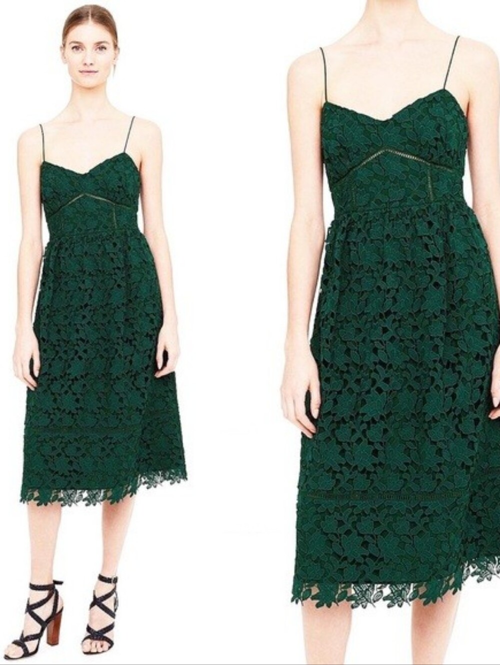 Club Monaco Dark Green Lace Midi Dress with Spaghetti Straps